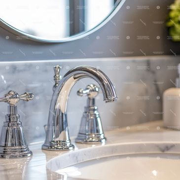 Polished chrome faucet and handles on marble bathroom sink.