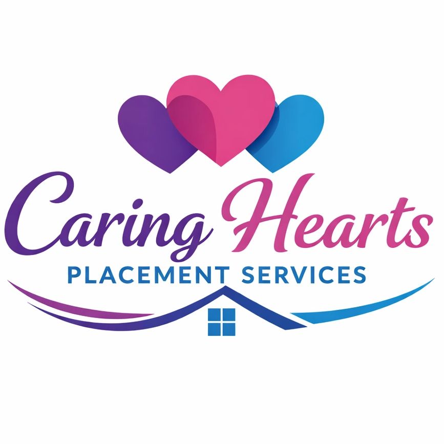 Logo for Caring Hearts Placement Services with three colorful hearts and a house roof.