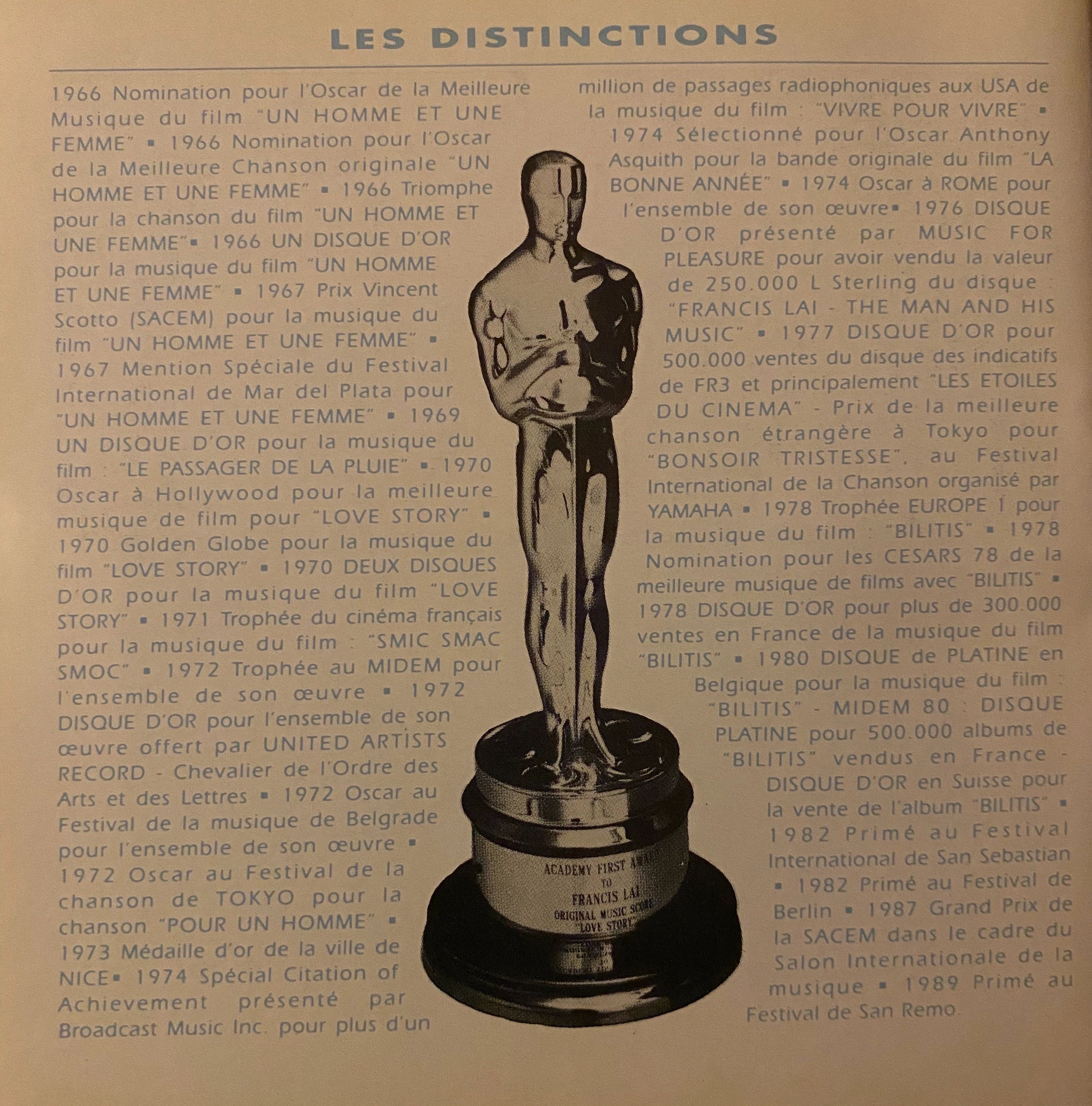 L'oscar reçu en 1070 à Hollywood par Francis Lai et la liste de quelques unes de ses récompenses.