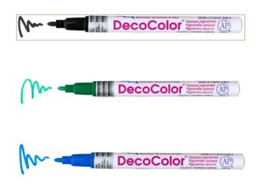 Three DecoColor opaque pigment markers in black, green, and blue.