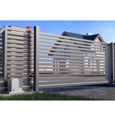 Modern automatic sliding gate with horizontal slats in front of a house.