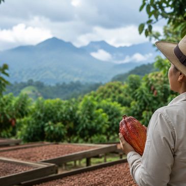 Person holding cacao pod in a lush mountainous farm setting.