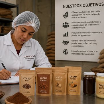 Woman in lab coat writing notes next to bags of cacao and maca powders.