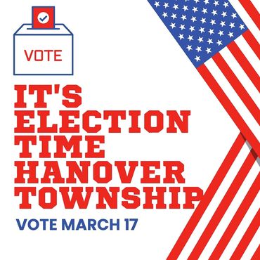 Election day reminder for Hanover Township on March 17 with patriotic American flag design.