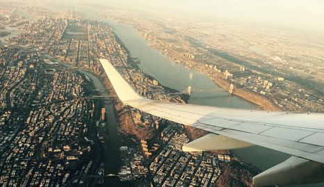 The view of New York City from an American Airlines flight inbound to LaGuardia Airport, New York.