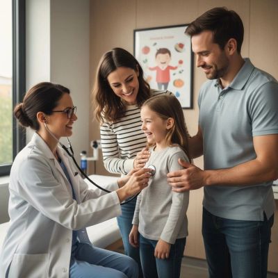 Family receiving routine checkup covered by individual and family health insurance plans