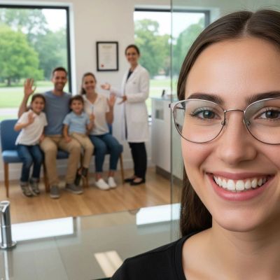 Smiling woman wearing eyeglasses with family receiving dental and vision care checkup