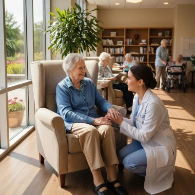 Healthcare provider assisting senior beneficiary with Medicare and long-term care support options