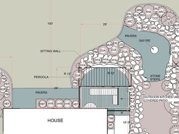 Landscape design plan showing house, pergola, sitting wall, gas fire, and outdoor kitchen area.