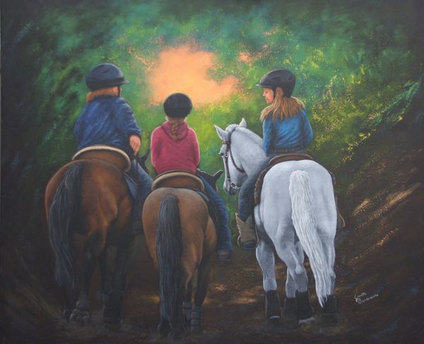 Balade joyeuse à cheval pour trois demoiselles et leurs chevaux.