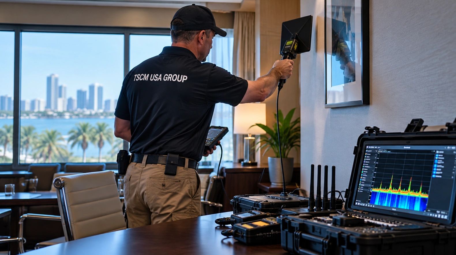 TSCM technician conducting a professional bug sweep with electronic surveillance detection equipment