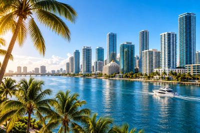 Florida waterfront skyline with palm trees and high-rise buildings