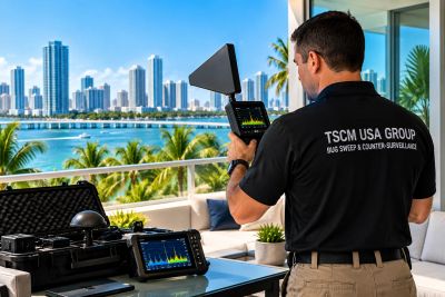TSCM professional performing a bug sweep and counter-surveillance inspection in Florida.
