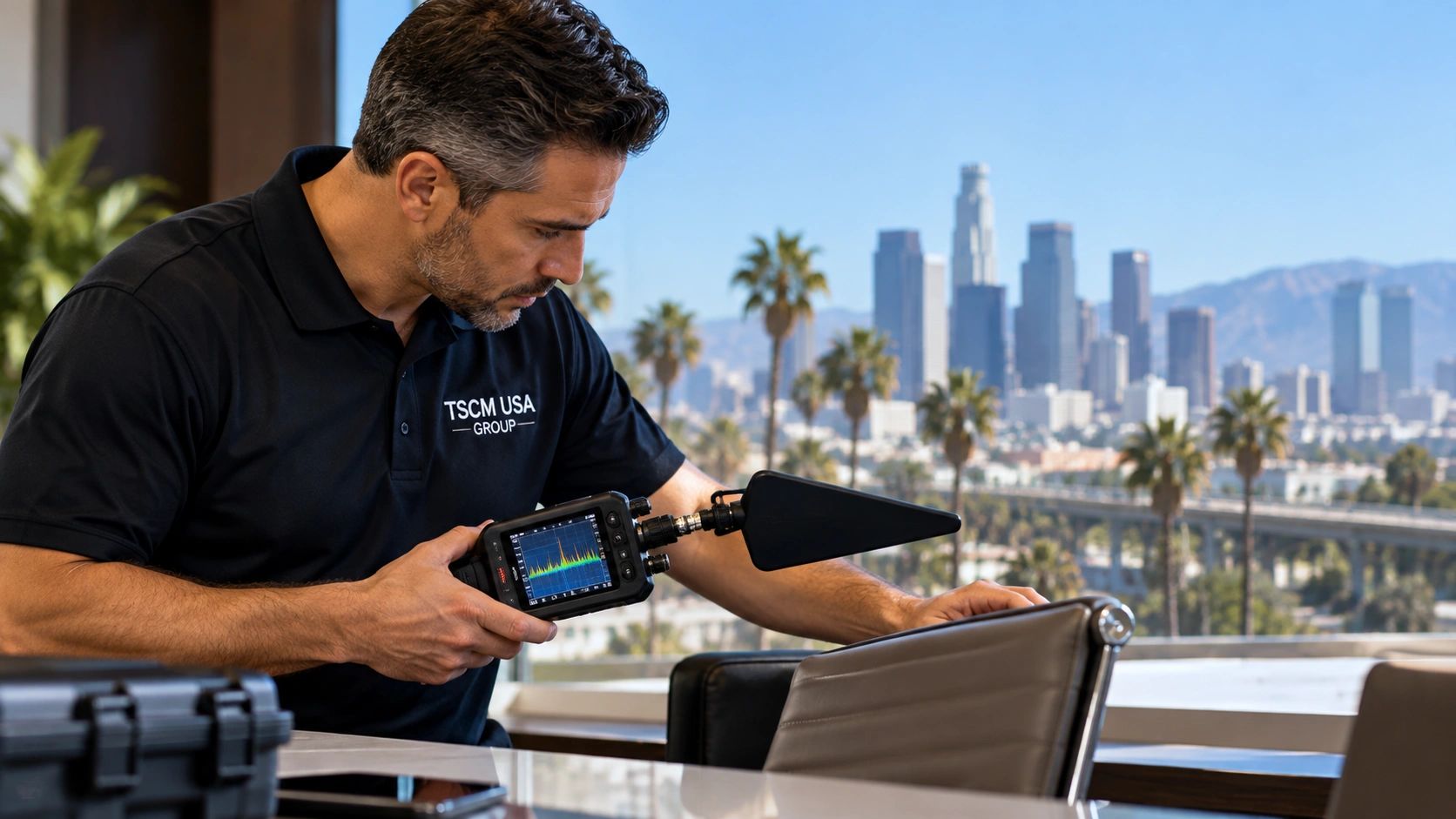 TSCM technician conducting a professional bug sweep with detection equipment in California.