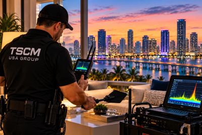 TSCM technician performing a professional bug sweep in Miami, Florida