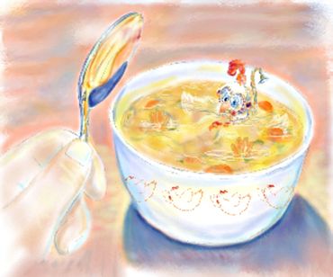 Hey! There's a Chicken in My Soup! Wearin' swim fins, mask and goggles, swimmin' in a loop.