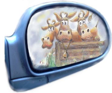Cows in the rearview mirror. From Hey, There's a Chicken in My Soup.
