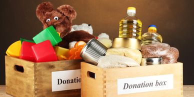 Donation boxes of toys and food