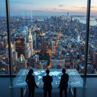 Three professionals analyze global data on a digital table overlooking a city skyline at dusk.