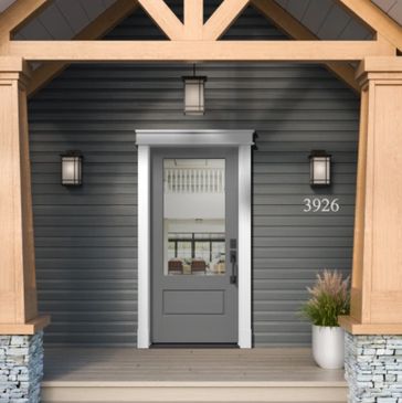 Modern gray front door with glass panel and house number 3926.