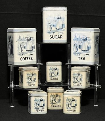 JL Clark MFG Co Rockford IL Dutch Kitchen Tin Canisters Hinged Lids sugar coffee tea pepper cloves