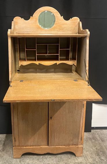 1940's Oak Secretary with Small Round Beveled Mirror