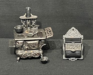 Replica 1900s Crescent Cast Iron Wood Burning Cook Stove & Vintage Cast Iron Wall Mount Match Holder