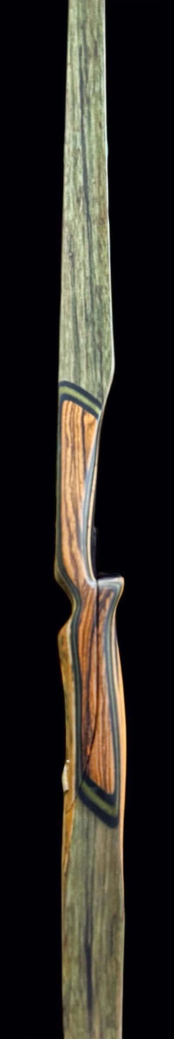 A wooden recurve bow with green and brown tones.