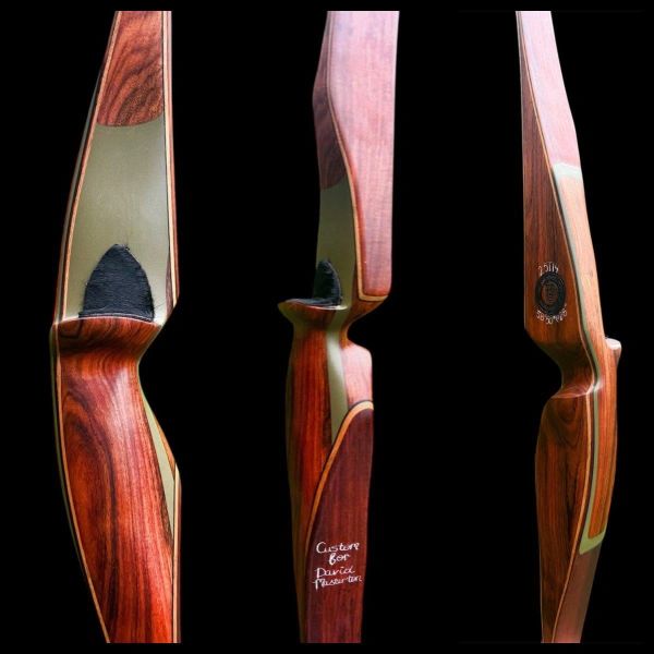 Wooden custom recurve bow shown from three angles.