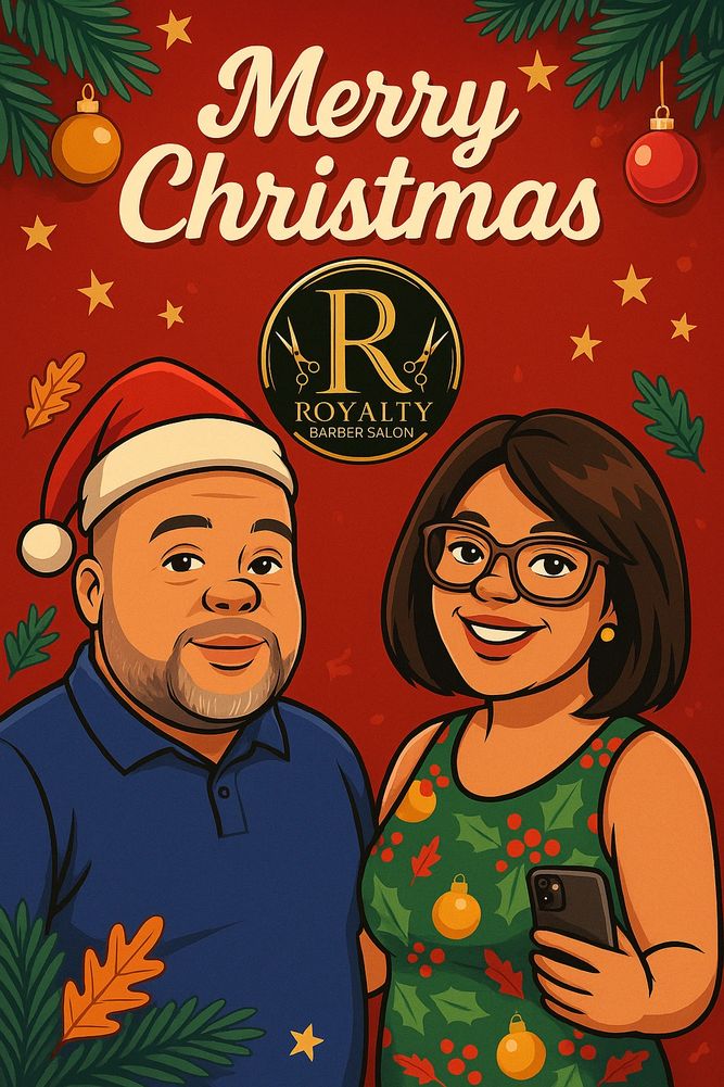 Festive cartoon of a man and woman celebrating Christmas with Royalty Barber Salon branding.