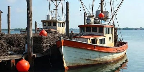 Fishing boats docked with nets and buoys.