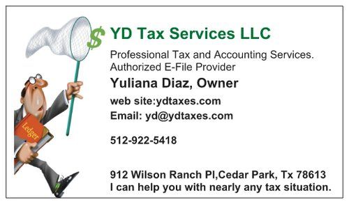 Business card for YD Tax Services LLC offering tax and accounting services.