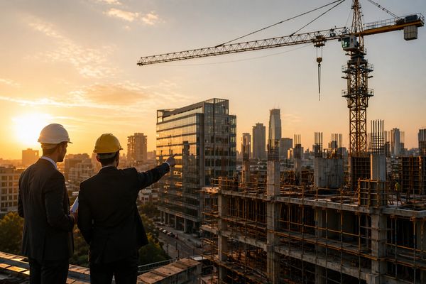 Two construction managers inspect a building site at sunset with city skyline.