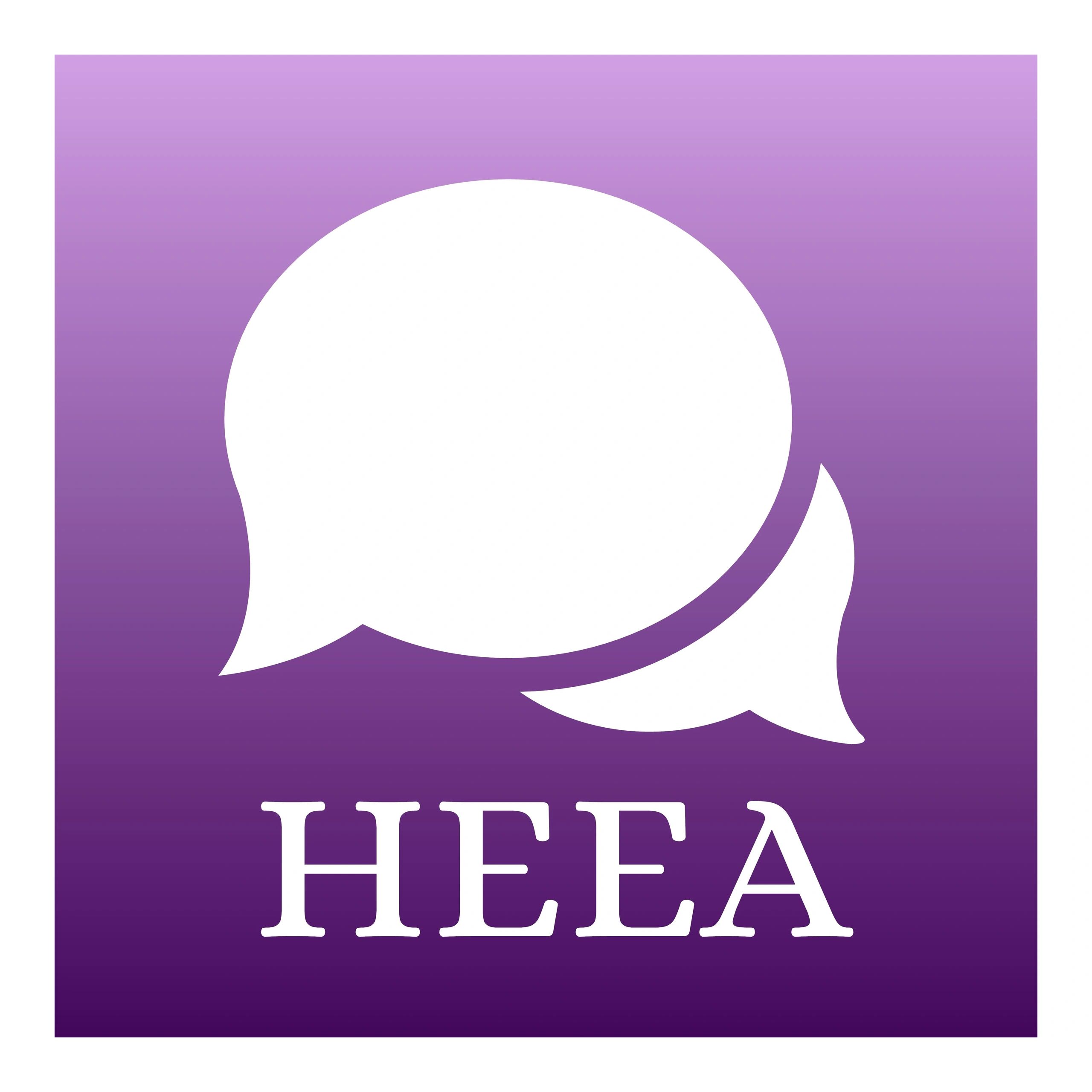 Logo of HEEA Therapy and Consulting Services. Image of two speech bubbles on purple gradient backgro