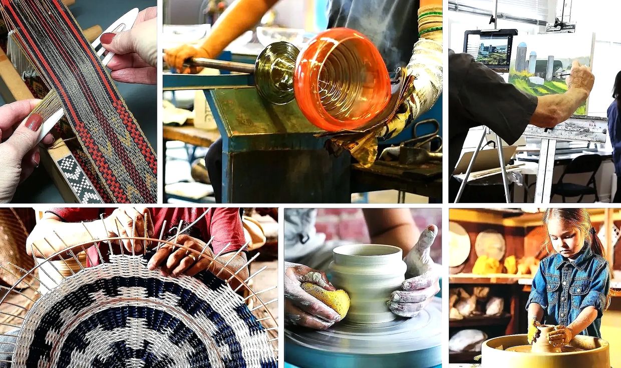Hands weaving a colorful textile on a loom.