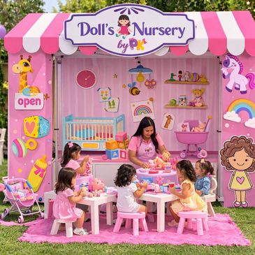 Children playing in a colorful doll nursery setup outdoors.