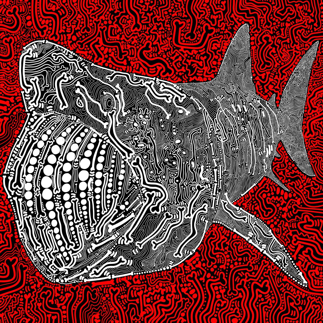 Intricate black and white shark with red patterned background.