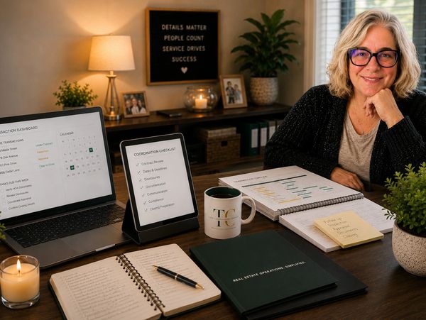 Traci Clow at an organized transaction coordination workspace with checklists, timelines, and real estate operations tools for Delaware agents.