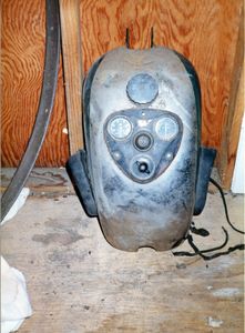 Front view of 1935 BSA Fuel Tank and gauges before restoration