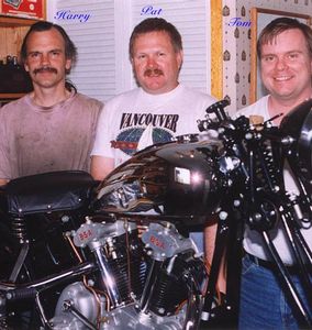 Harry and Pat, the restoration team for this vintage 1935 BSA shown with current owner Tom, grandson