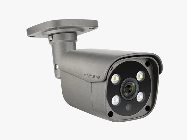 4K Mapleye Bullet IP Security camera with red and blue motion lights in grey