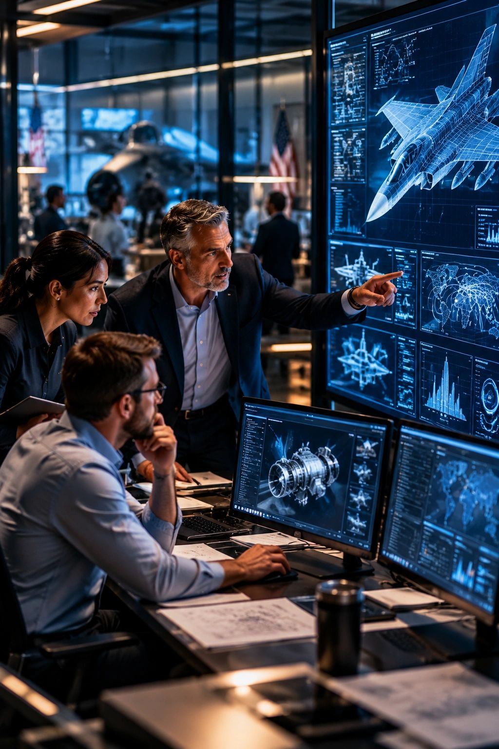 Aerospace technology leaders reviewing digital systems