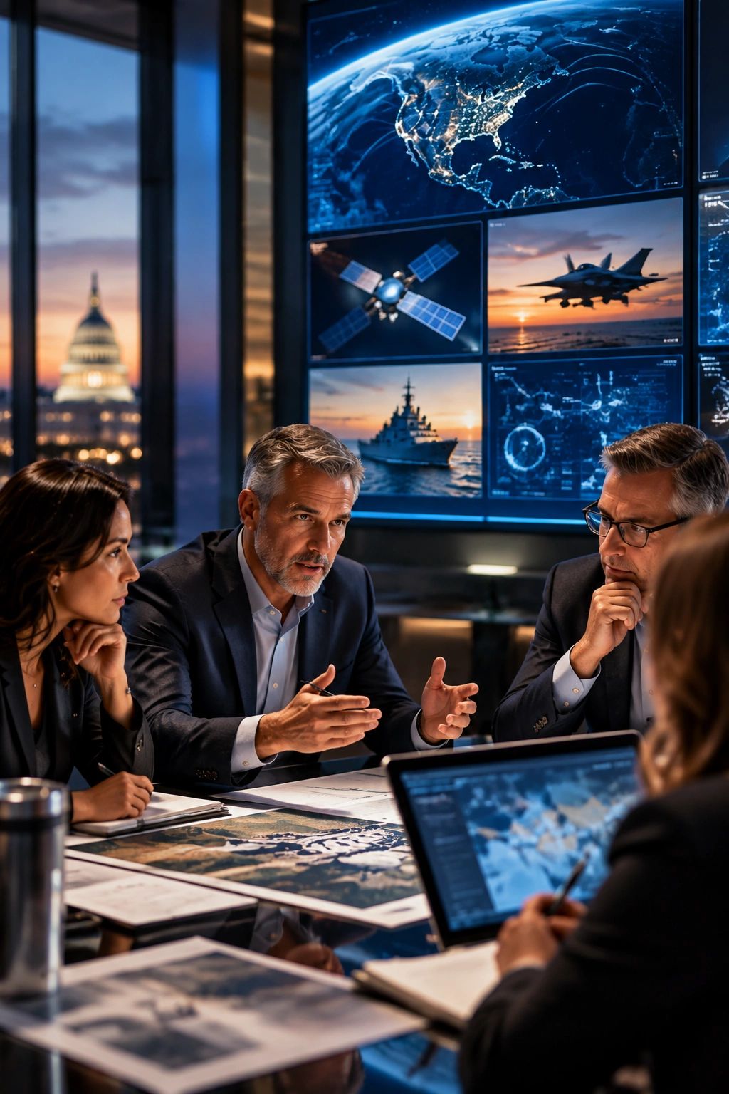 Executive technology leaders collaborating in an aerospace and defense engineering environment.