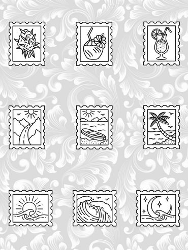 Flash-Sheet mit 9 kleinen Urlaubs- und Strandmotiven, jeweils in Briefmarkenrahmen - Volume 5 Tattoo