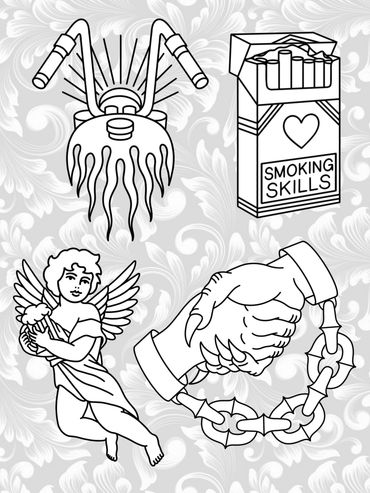 Flash-Sheet mit 4 Motiven: Dämonenkopf, Zigarettenschachtel, Engel, zwei Hände mit Handschellen