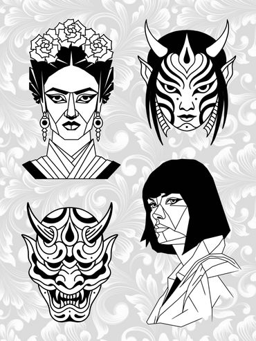 Flash mit vier Schwarz-Weiß-Motiven: Frauenportäts und zwei Oni-Masken-verfügbar bei Volume 5 Tattoo