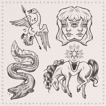 Tattoo Wannado Sheet mit surrealen Motiven: Gans mit Speer, zweigesichtige Frau, Aal, Pferd