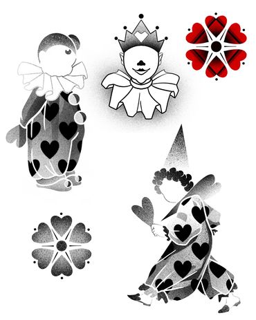 Tattoo Wannado Clown Figuren mit Herzen und Spielkarten Symbolen - Oldschool Tattoo Hamburg