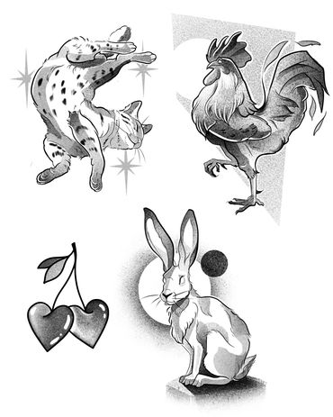 Wannados im Sketch Stil, Hund, Hase, Kirschen und Hahn - verfügbar im Volume 5 Tattoo Studio Hamburg