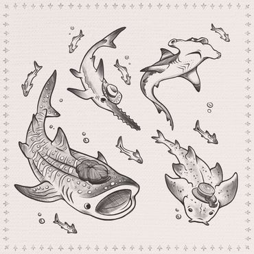Tattoo Flash Sheet: Haie mit Hüten und Brillen, Comic Stil - Volume 5 Tattoo Hamburg